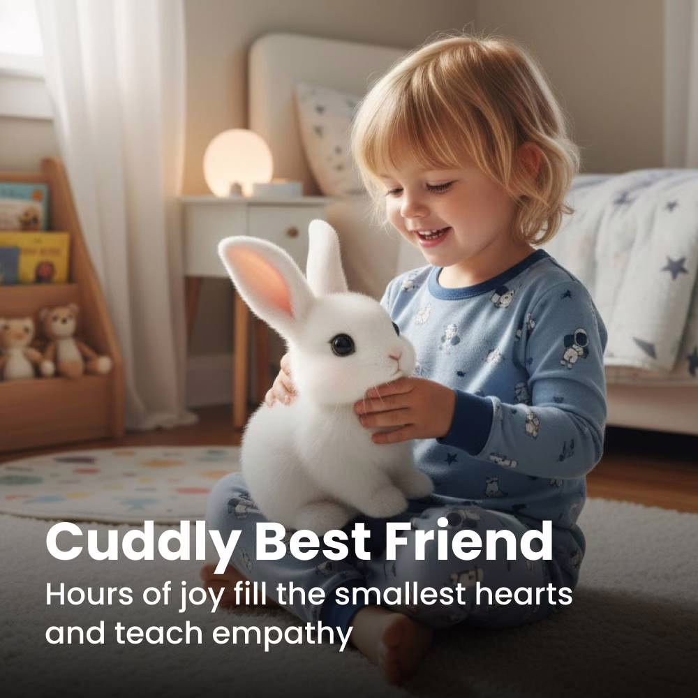Ein Kind drückt den Rabsy-Hasen an sich