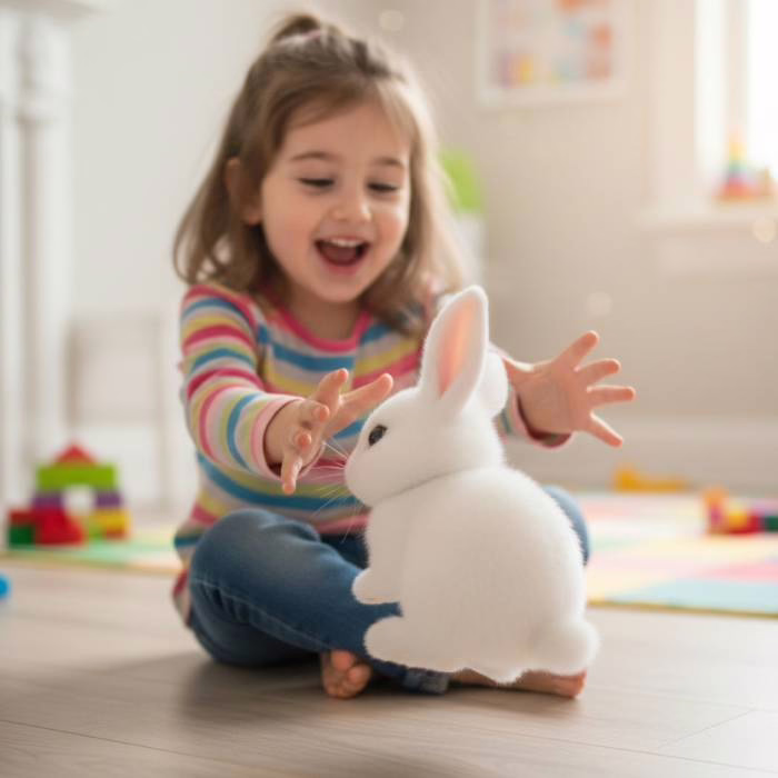 Ein Kind spielt mit dem Rabsy-Hasen und kuschelt mit ihm